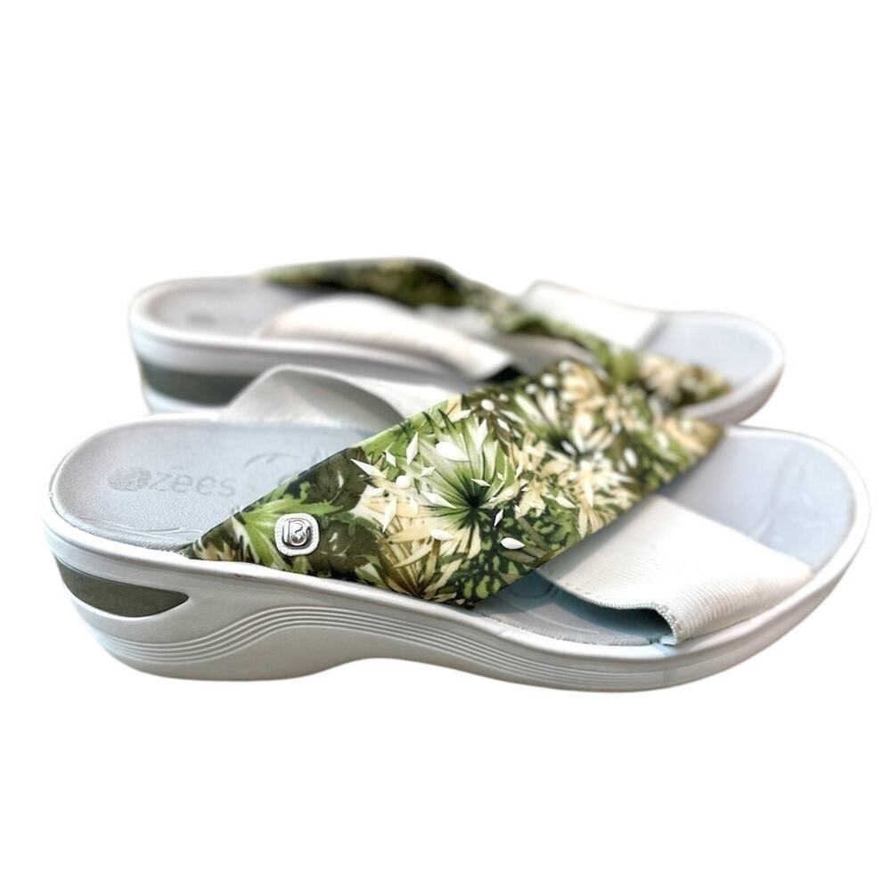 BZEES | Diamond X-Band Slide Sandals Green Floral | Women’s Size 8.5